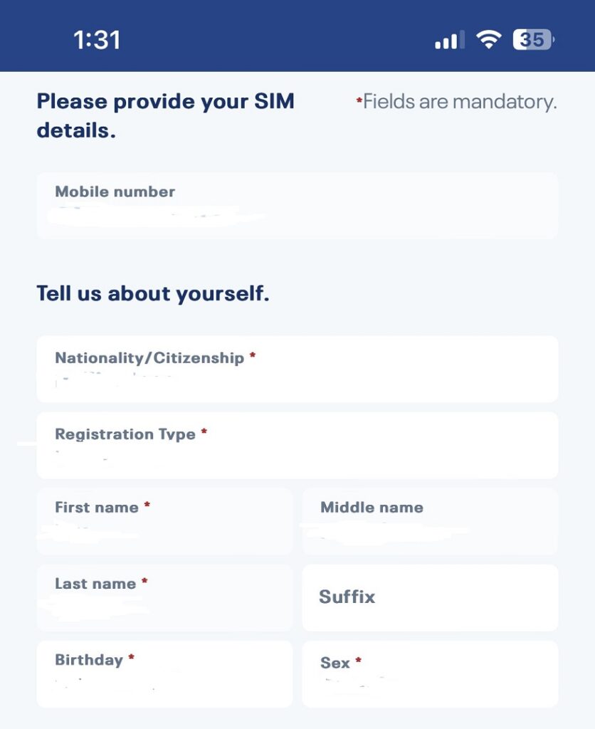 TOUCH MOBILE (TM) SIM REGISTRATION